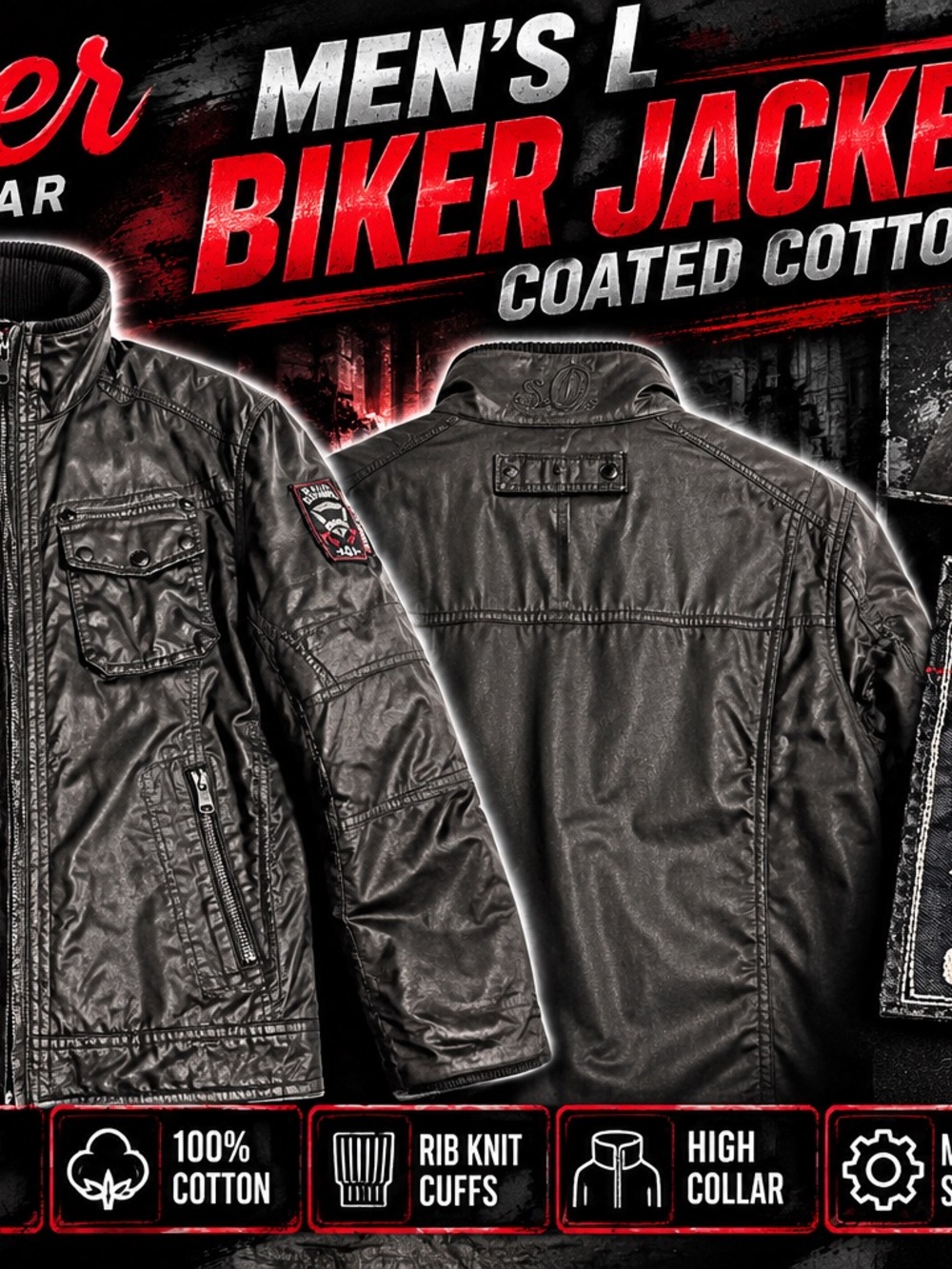 s.Oliver Mens L Black Coated Cotton Biker Moto Jacket Quilted Lined Multi Pocket